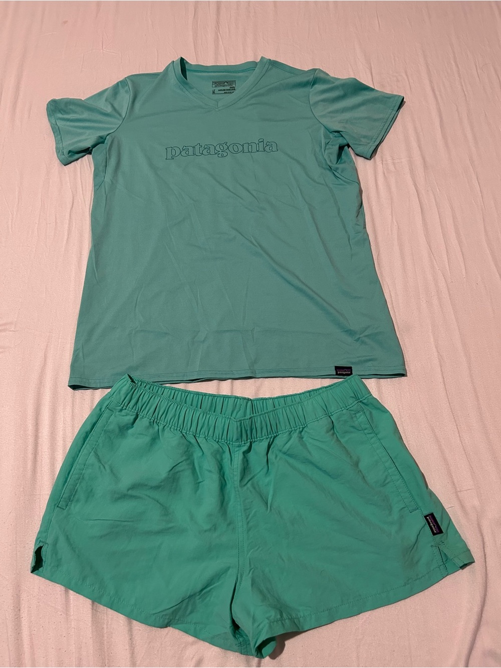 Patagonia Teal Women's Athletic Shorts and Top set